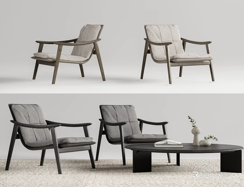 Modern Leisure Chairs With Wooden Frame Grey Fabric And Black Coffee Table In Living Room 3d model 