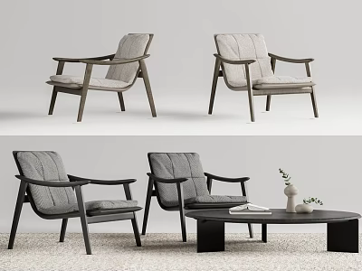 Modern Leisure Chairs With Wooden Frame Grey Fabric And Black Coffee Table In Living Room 3d model
