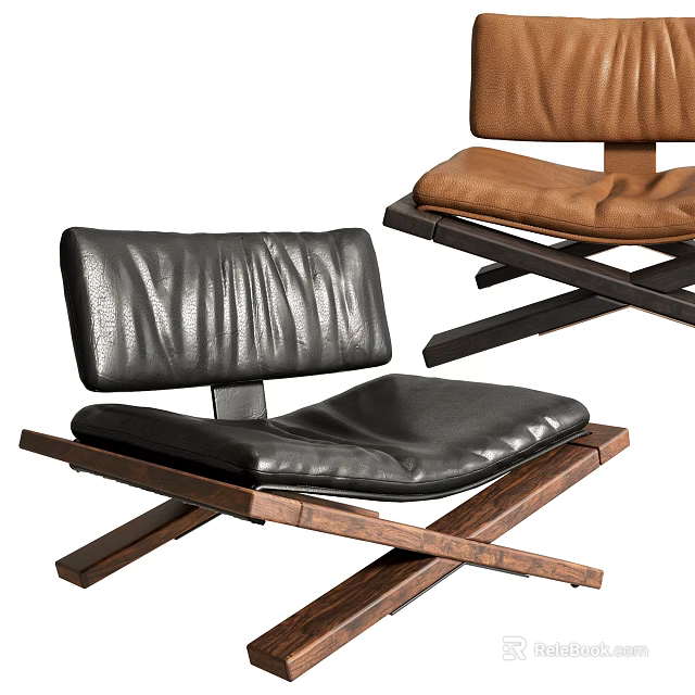 Modern Leather Upholstered Leisure Chair With Black Brown Colors And Wooden Crossed Legs Design 3d model 