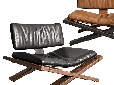 Modern Leather Upholstered Leisure Chair With Black Brown Colors And Wooden Crossed Legs Design 3d model