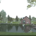 Detached Wooden Villa by Scenic Pond with Dock Trees Grass Water Reflection and Swans