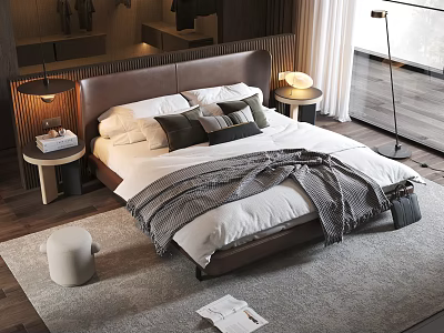 Modern Double Bed with Brown Headboard Pillows Striped Blanket and Side Tables in Minimalist Bedroom 3d model