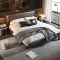 Modern Double Bed with Brown Headboard Pillows Striped Blanket and Side Tables in Minimalist Bedroom