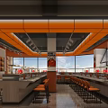 Modern Hotpot Restaurant Interior With Orange Gray Counter Menu Display And Colorful Wall Art