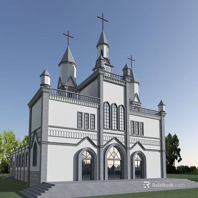Classic European Architecture Exterior With Spires Crosses Arched Windows And Towers 3d model 
