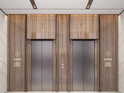 Modern Elevator Lobby Design With Wooden Panel Walls And Silver Elevator Doors 3d model
