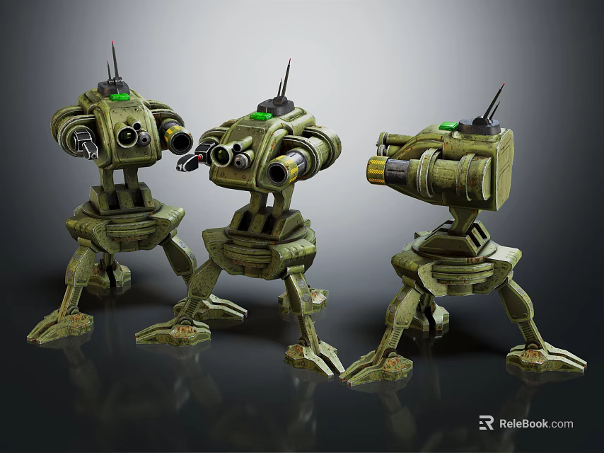 Three Green Mechanical Robots With Sci Fi Design And Antenna Features 3d model
