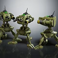 Three Green Mechanical Robots With Sci Fi Design And Antenna Features 3d model