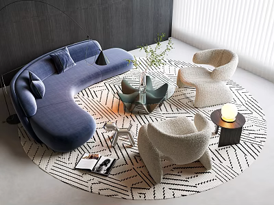 Modern Sofa and Coffee Table Set With Blue Curved Sofa Beige Chairs and Patterned Rug 3d model