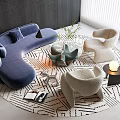 Modern Sofa and Coffee Table Set With Blue Curved Sofa Beige Chairs and Patterned Rug 3d model