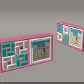 Pink Framed Storage Cabinets With Blue Pink Squares And Decorative Paintings White Figures Sky Background