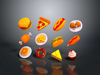 Colorful Assorted Fast Foods Featuring Hamburger Pizza Hot Dog Fried Chicken Fries Donut And Cake 3d model
