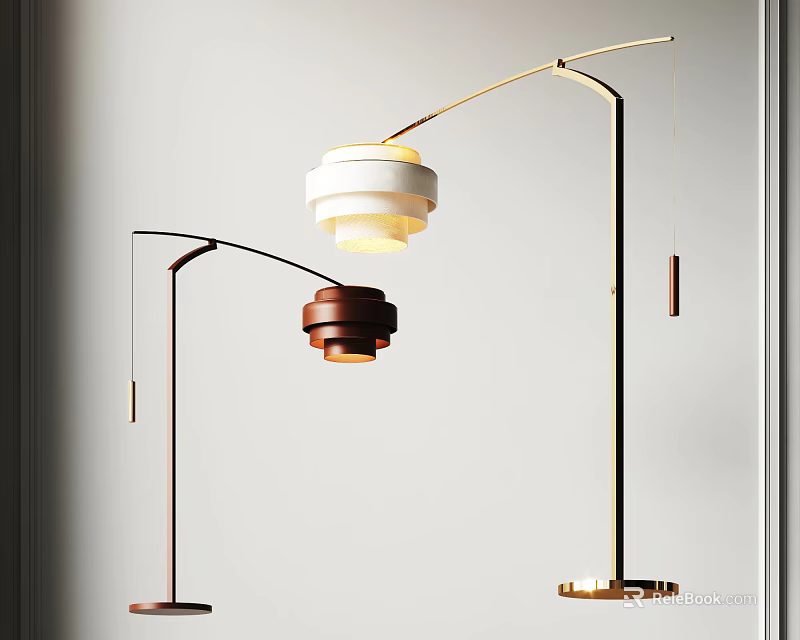 Modern Curved Arm Floor Lamps With White And Brown Shades And Metal Bases 3d model 