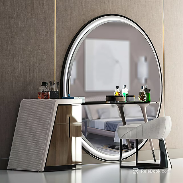 Modern Dressing Table With Round Mirror White Chair And Skincare Bottles 3d model 