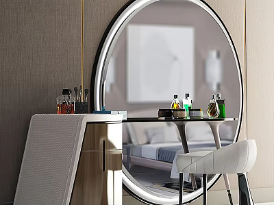 Modern Dressing Table With Round Mirror White Chair And Skincare Bottles 3d model