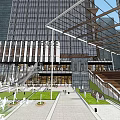 Modern Office Building With Glass Curtain Walls Outdoor Seating Green Lawn And Decorative Spheres