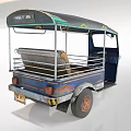 Vintage Tuk Tuk Motorcycle With Blue Body Decorative Canopy Roof And Brown Seats