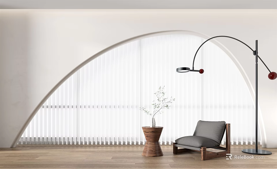Modern Living Interior with Accent Chair Arch Window Floor Lamp and Wooden Vase 3d model 