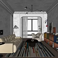 Modern Living Room Design With Beige Sofa Accent Chair Colorful Striped Rug And Floor-To-Ceiling Windows