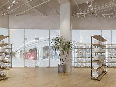 Modern Kitchenware Specialty Store Interior With Open Space Wooden Shelves Displayed Dishes And Potted Plants 3d model