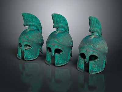 Three Ancient Greek Warrior Bronze Helmets With Crests And Historical Armor 3d model