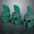 Three Ancient Greek Warrior Bronze Helmets With Crests And Historical Armor