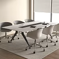 Modern Office Conference Table With White Desktop Black Legs And Gray Rolling Chairs