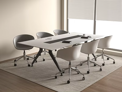 Modern Office Conference Table With White Desktop Black Legs And Gray Rolling Chairs 3d model