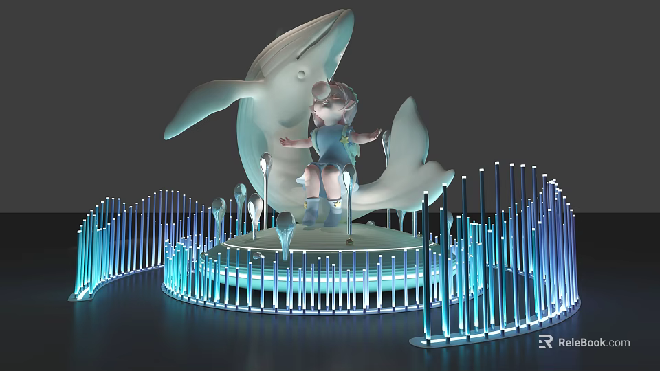 Dolphin Sculpture With Little Girl Figure And Blue Illuminated Decorative Structure 3d model 