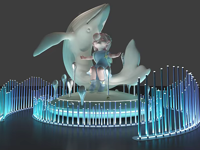 Dolphin Sculpture With Little Girl Figure And Blue Illuminated Decorative Structure 3d model