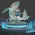 Dolphin Sculpture With Little Girl Figure And Blue Illuminated Decorative Structure