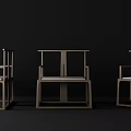 Three Modern Wooden Armchairs With Minimalist Design Against Dark Background