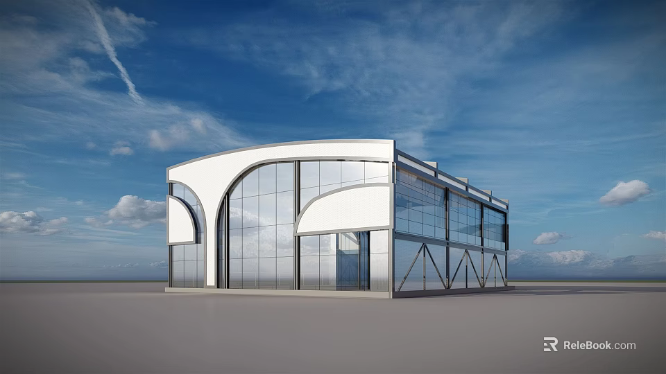 Modern Building Exterior With Glass Curved Facade White Frame And Blue Sky Design 3d model 