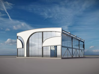 Modern Building Exterior With Glass Curved Facade White Frame And Blue Sky Design 3d model