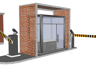 Modern Entrance Gatehouse With Red Brick Woven Walls Glass Doors And Striped Barriers 3d model