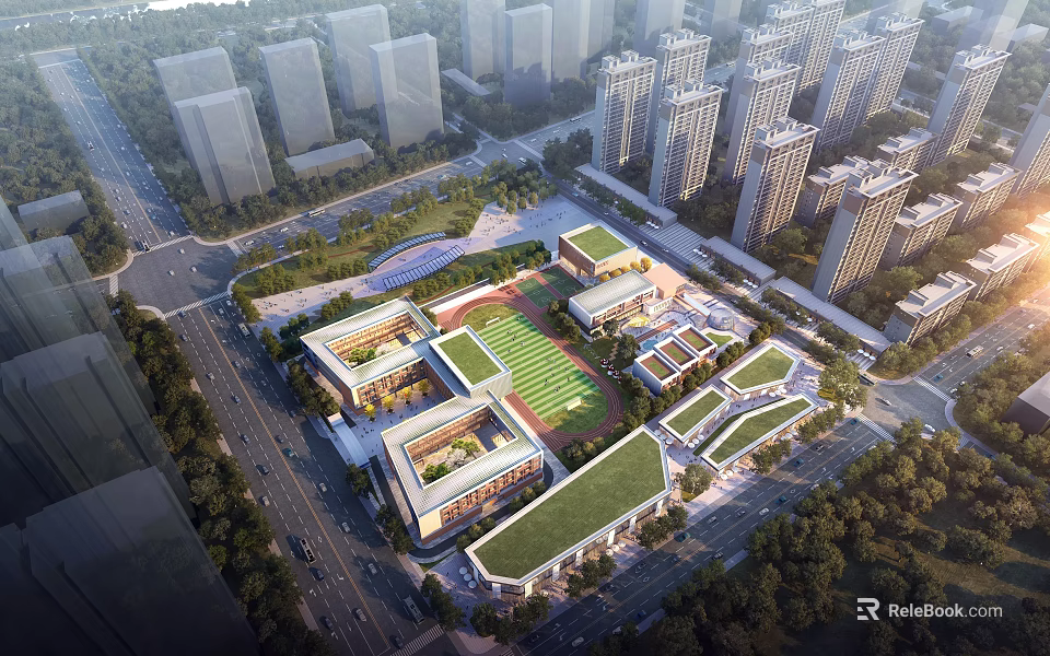 Modern School Campus Design With Classroom Buildings Green Roofs And Sports Field 3d model 
