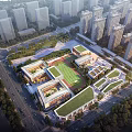 Modern School Campus Design With Classroom Buildings Green Roofs And Sports Field