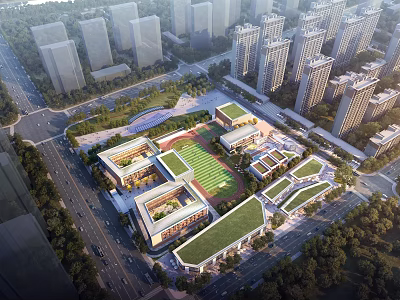 Modern School Campus Design With Classroom Buildings Green Roofs And Sports Field 3d model