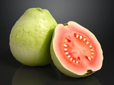 Fresh Green Guava And Halved Red Guava On Black Background 3d model