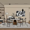 Modern Restaurant Interior With Round Dining Table Metal Chairs Abstract Wall Art And Pendant Lights