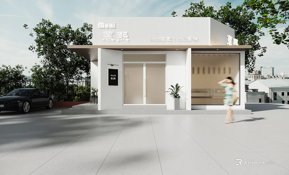 Modern White Storefront With Glass Doors Awning Green Plants And Pedestrian 3d model 