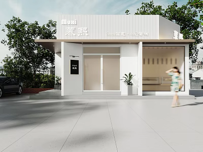 Modern White Storefront With Glass Doors Awning Green Plants And Pedestrian 3d model
