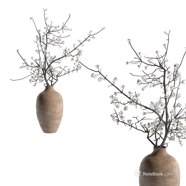 Rustic Ceramic Vases With White Flower Branches For Home Decoration 3d model 