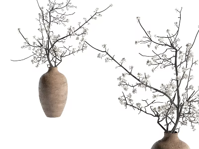Rustic Ceramic Vases With White Flower Branches For Home Decoration 3d model