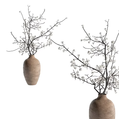 Rustic Ceramic Vases With White Flower Branches For Home Decoration 3d model