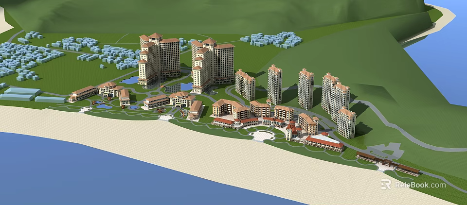 Coastal High Rise Residential Complex with Beachfront Greenery Swimming Pools and Amenities 3d model 