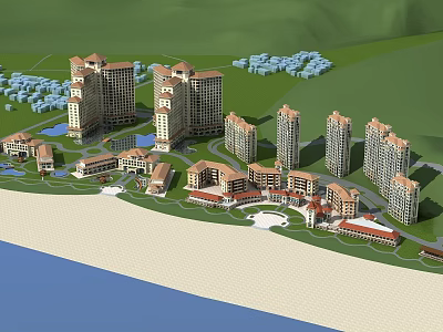 Coastal High Rise Residential Complex with Beachfront Greenery Swimming Pools and Amenities 3d model