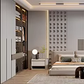 Modern Bedroom Interior With Circular Hole Patterned Wall Panel Wooden Flooring And Large Windows