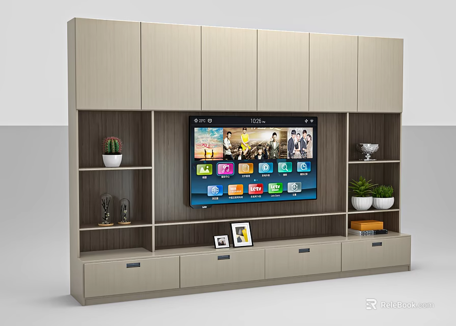 Modern Light Wood TV Cabinet with Open Shelves Drawers TV Potted Plants Decor Photo Frames 3d model 