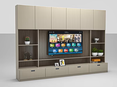 Modern Light Wood TV Cabinet with Open Shelves Drawers TV Potted Plants Decor Photo Frames 3d model
